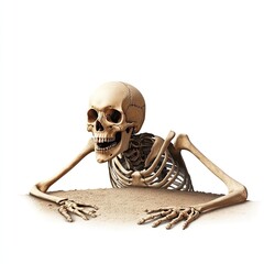 A playful skeleton emerging from the ground, showcasing its detailed bone structure and mischievous expression.