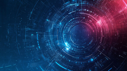 Abstract illustration of a futuristic technology design with blue and red glowing elements