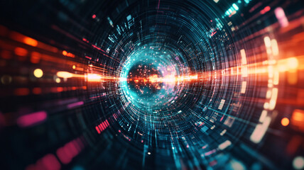 Obraz premium Vibrant digital tunnel illustrating a futuristic journey through time and space in motion