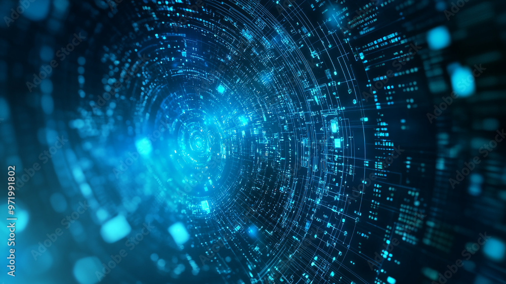 Poster vibrant abstract illustration of a digital data swirl with glowing particles in a cosmic backdrop