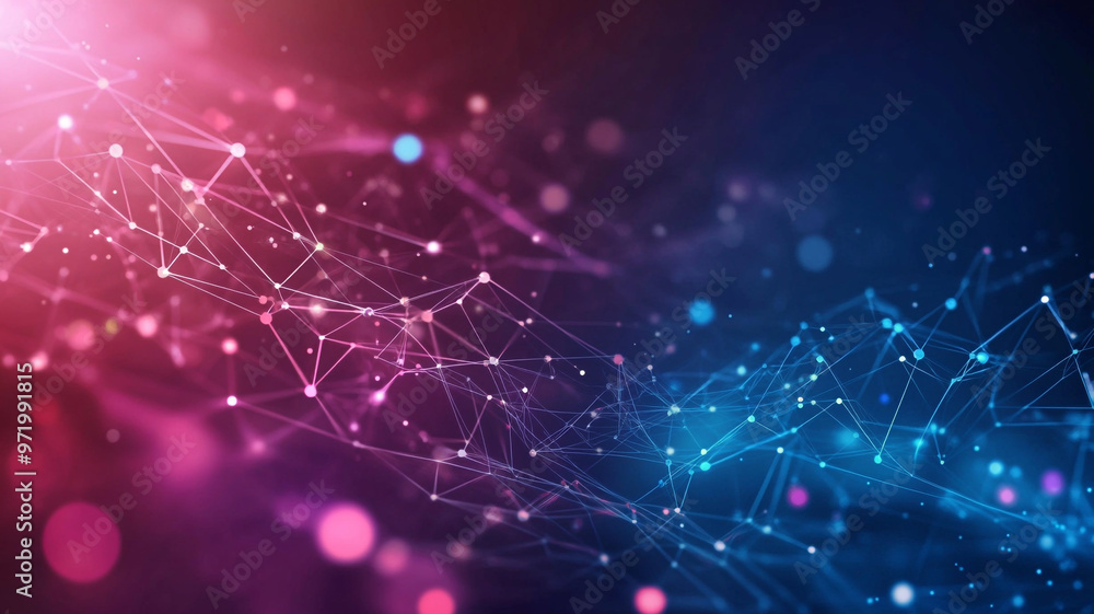 Poster abstract illustration of colorful interconnected lines and nodes representing a network design