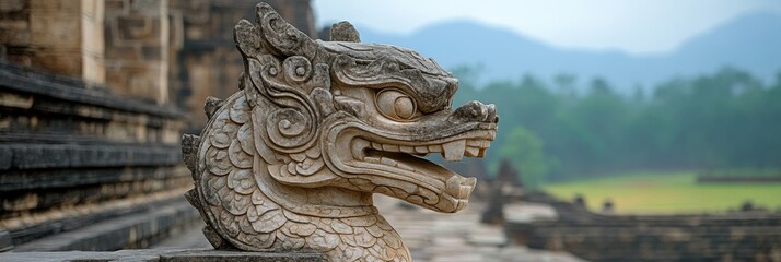 Fototapeta premium A weathered stone dragon sculpture, intricately carved with scales and a fierce expression, stands guard at the entrance of an ancient temple. The temple ruins stretch out behind it, and a distant mou