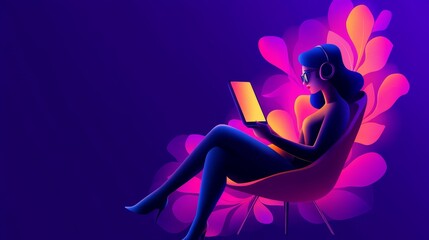 A woman sits in a chair, using a laptop, while wearing headphones. She is bathed in a warm, purple light. The background is a digital representation of flowers. The image symbolizes connection, techno