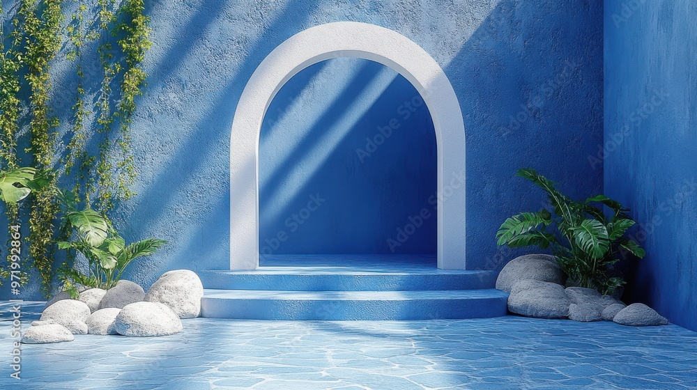 Aufkleber simple geometric backgroun with white clou roun arch cobblestone rocks an shadows on the blue wall a