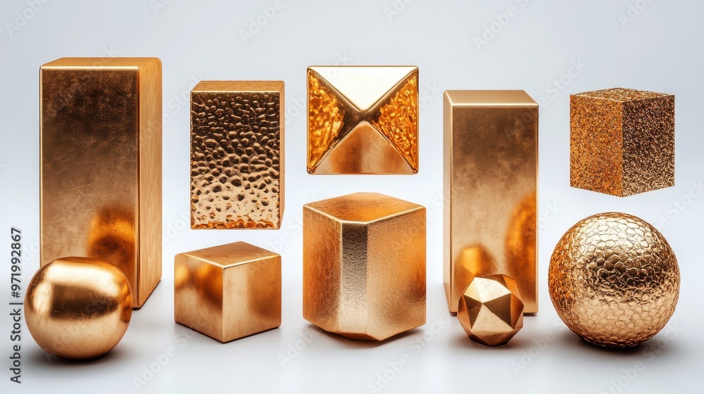 Poster simple geometric cubic shapes primitives an abstract objects collection of golden design elements isolate on white background