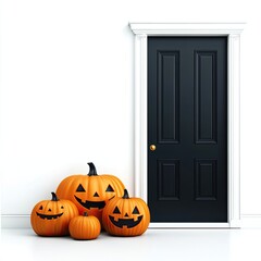 Obraz premium A spooky Halloween scene featuring carved pumpkins by a black door, perfect for festive decorations and seasonal themes.