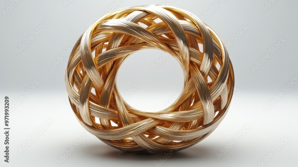 Poster simple geometric shape unique abstract object golden twiste torus donut design element isolate on wh