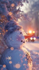 Obraz premium A cheerful snowman adorned with a cozy hat, bathed in the soft glow of a winter sunset. Snowflakes glisten around creating a magical scene.