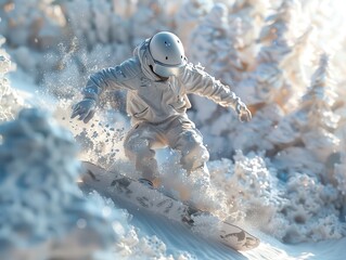 Snowboarder in white gear riding through snowy forest, creating snow spray in winter wonderland scene.