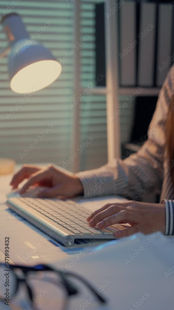 Poster business professional working at desk, typing on a keyboard under a desk lamp, creating a focused an
