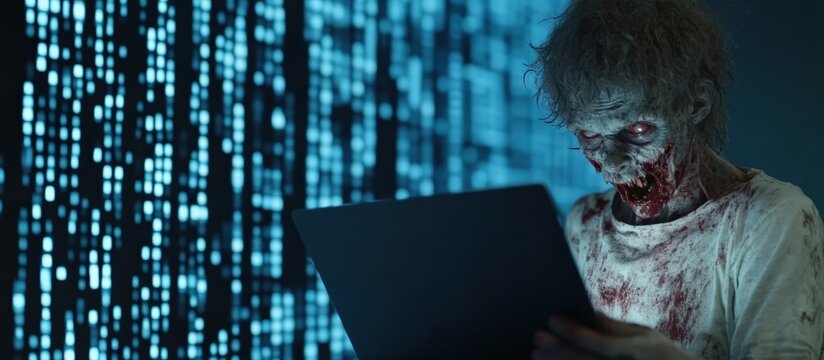 A haunting image of a zombie interacting with technology, merging horror and digital elements in a unique, eerie scene.
