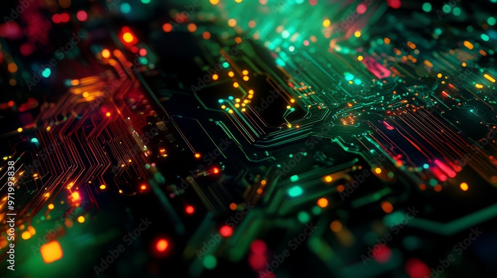 Poster abstract digital art depicting a circuit board with glowing wires and connections, symbolizing techn