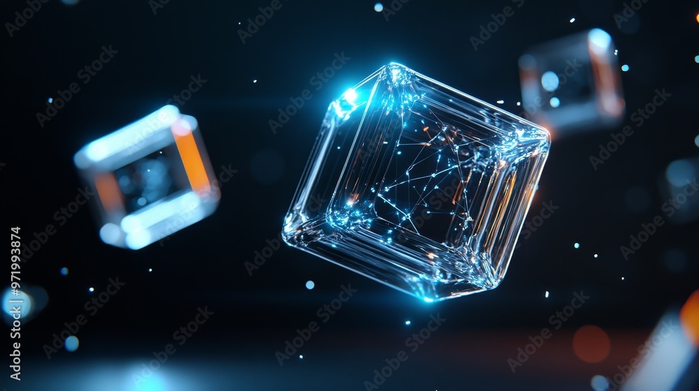 Poster abstract digital illustration of glowing cubes connected by lines, symbolizing a blockchain network,