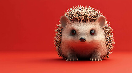 Cute hedgehog with big eyes looking at the camera against a red background.