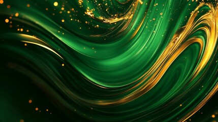 An abstract image featuring swirling green and gold hues with a subtle sparkle of gold glitter. The image evokes feelings of luxury, elegance, and movement, symbolizing growth, prosperity, and the flo