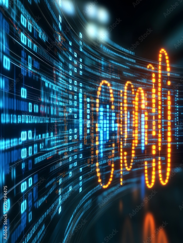 Poster an abstract representation of a digital world, with binary code forming a swirling tunnel, symbolizi