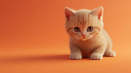 A cute orange kitten sits on an orange background and stares at the camera.