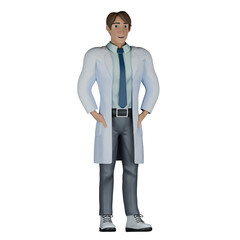 Male Doctor in Medical Setting.  A male doctor stands with both hands in his coat. 3D Character