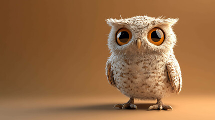 Obraz premium Cute fluffy owl with big, round eyes standing against a brown background.