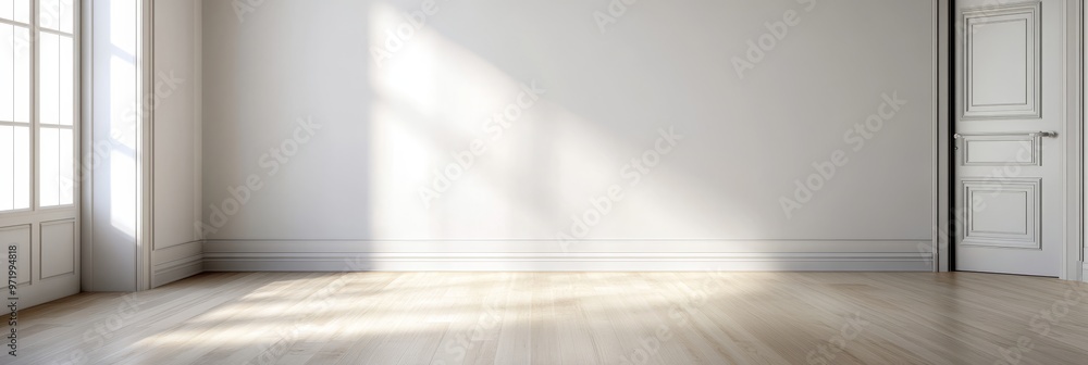 Poster an empty room with white walls and wooden floors, bathed in natural light streaming in from a large 