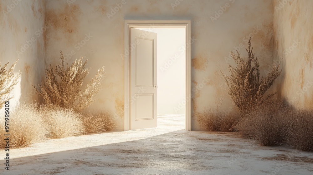 Poster white clou flying through the open door isolate on beige backgroun abstract metaphor modern minimal 