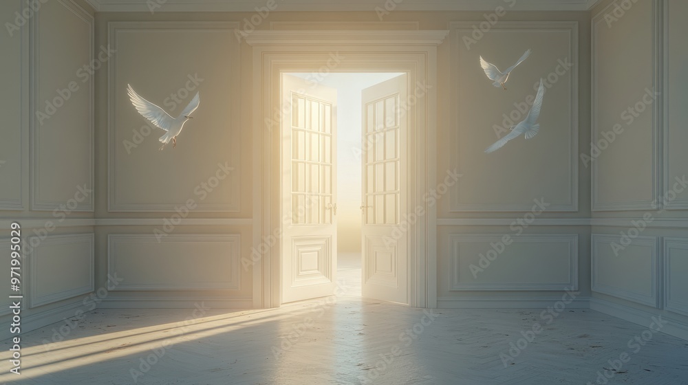 Aufkleber white clou flying through the open door isolate on beige backgroun abstract metaphor modern minimal 