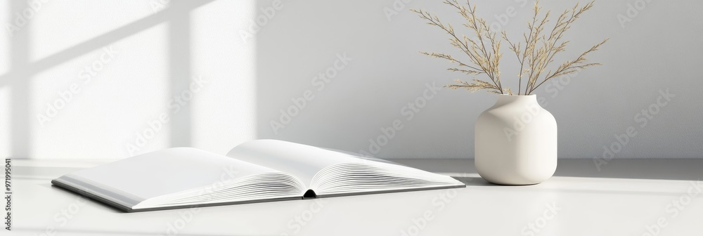 Poster an open book lies flat on a white surface with copy space on its pages. a vase of dried branches sit