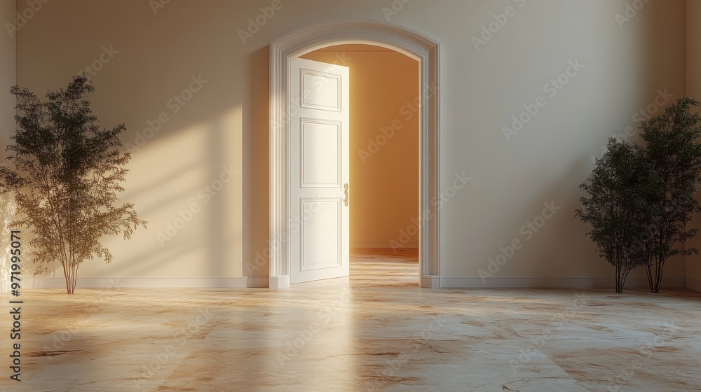 Poster white clou flying through the open door isolate on beige backgroun abstract metaphor modern minimal 