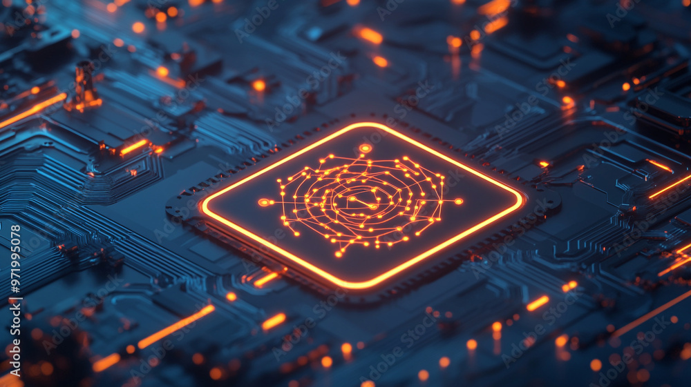 Aufkleber futuristic digital circuitry with glowing patterns and a central processor at night