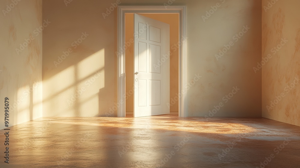 Aufkleber white clou flying through the open door isolate on beige backgroun abstract metaphor modern minimal 