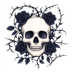Obraz premium A striking skull surrounded by elegant black roses and thorns, symbolizing the beauty of life and death.