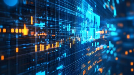 Abstract digital grid with glowing blue and orange lights