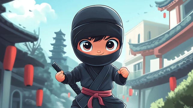 Cute cartoon ninja in a Japanese city.
