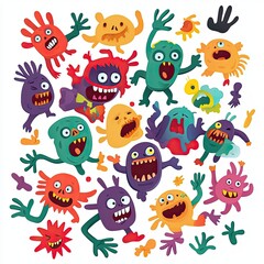 Fototapeta premium A vibrant collection of playful cartoon monsters with various colors and expressions, perfect for kids' projects and creative designs.