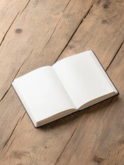 Fototapeta premium An open notebook lies on a rustic wooden background, symbolizing new beginnings, creativity, ideas, knowledge, and potential.