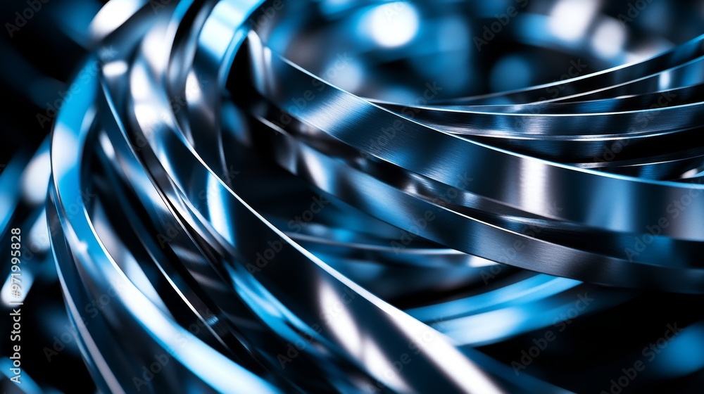 Poster close-up of coiled metal strips with a shiny and reflective surface. the image evokes concepts of in