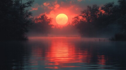 Fototapeta premium Serene Sunset Over Misty Lake with Red Sky Reflection Generative AI