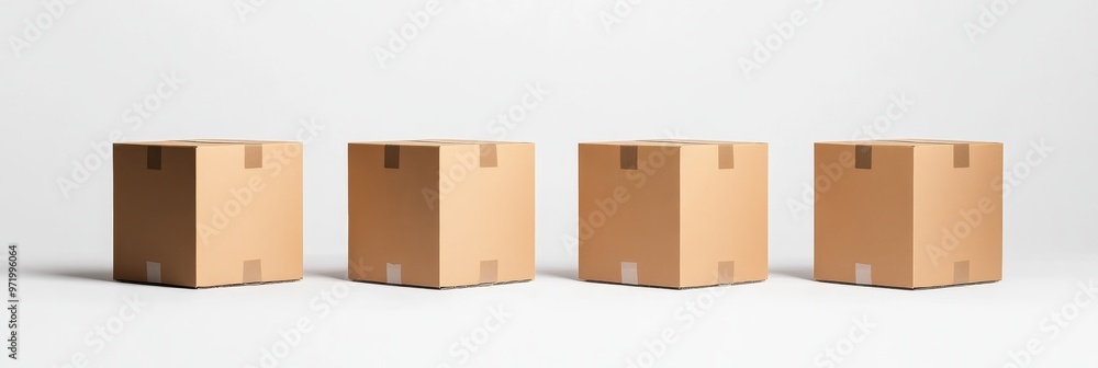 Aufkleber four empty brown cardboard boxes arranged in a row on a white background. they are closed and sealed
