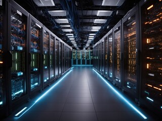 Server room with switch  internet cables and wires.