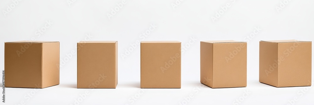 Aufkleber six empty brown cardboard boxes are arranged in a row on a white background. these boxes symbolize p