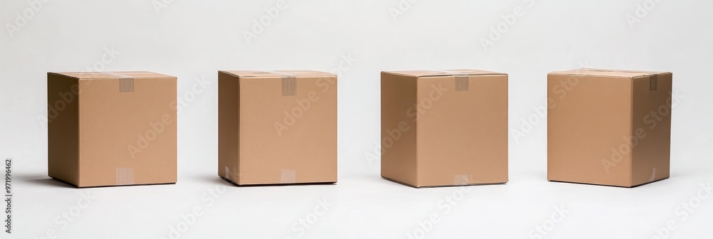 Poster six empty brown cardboard boxes are lined up in a row on a white background. the boxes are all the s