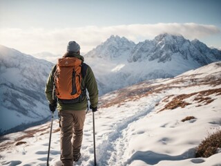 man hiking alone in a winter mountains with trekking poles