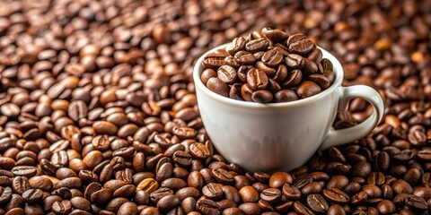 Fototapeta premium A close-up shot of freshly roasted coffee beans scattered around a white ceramic cup, coffee, beans, roasted, close-up, mug