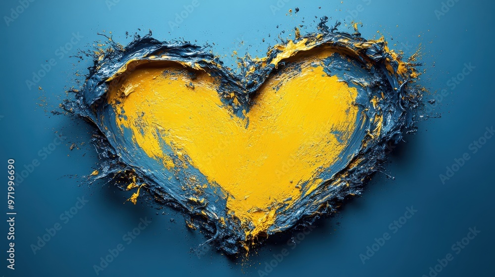 Poster yellow splashing paint in the shape of heart isolate on blue backgroun abstract liqui splash in trad