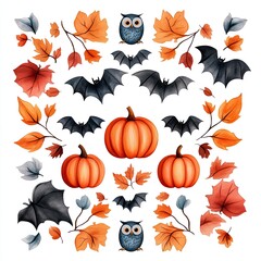 A whimsical Halloween pattern featuring pumpkins, bats, leaves, and owls in vibrant autumn colors.
