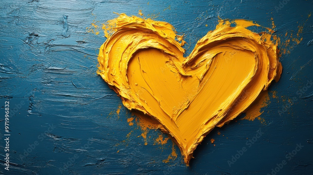 Poster yellow splashing paint in the shape of heart isolate on blue backgroun abstract liqui splash in trad