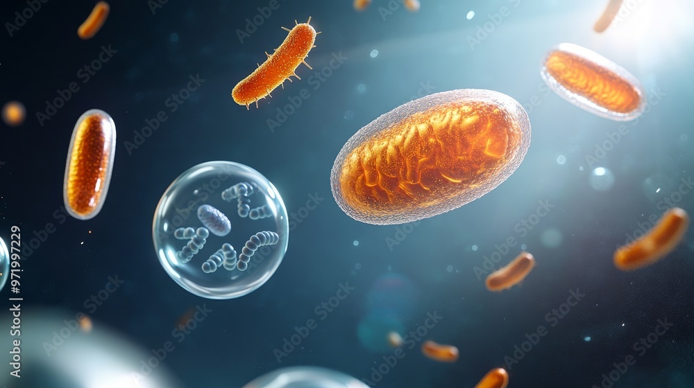 Aufkleber this image depicts a serene space-like background with floating probiotics, symbolizing the microsco
