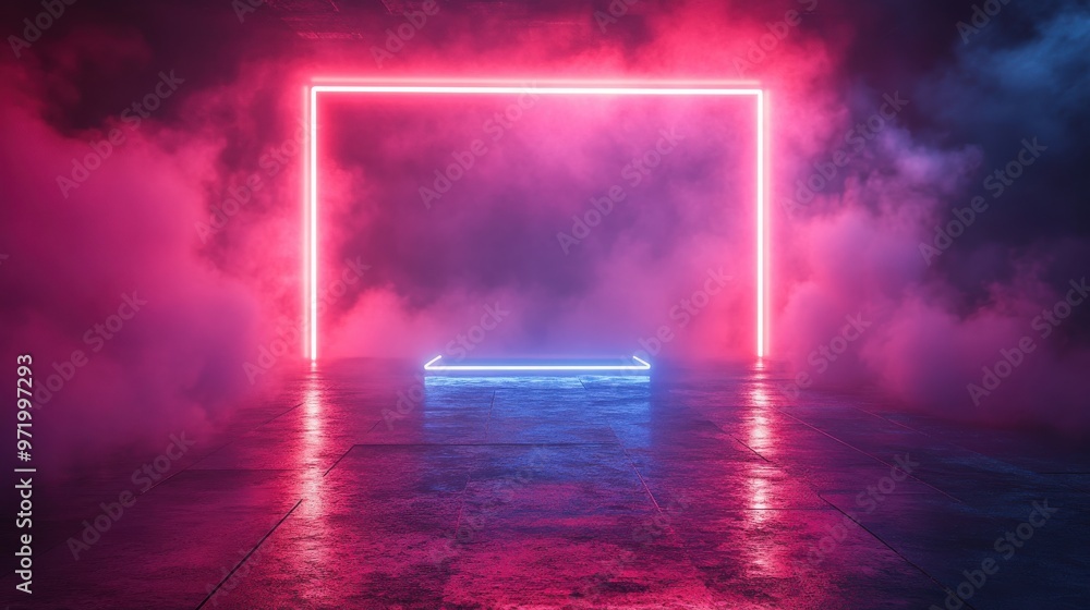 Aufkleber abstract neon backgroun performance stage with reflecting floor an pink re blue glowing laser rays b