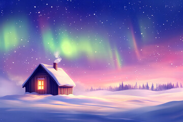 Fototapeta premium A cozy cabin surrounded by snow under a colorful aurora borealis night sky.