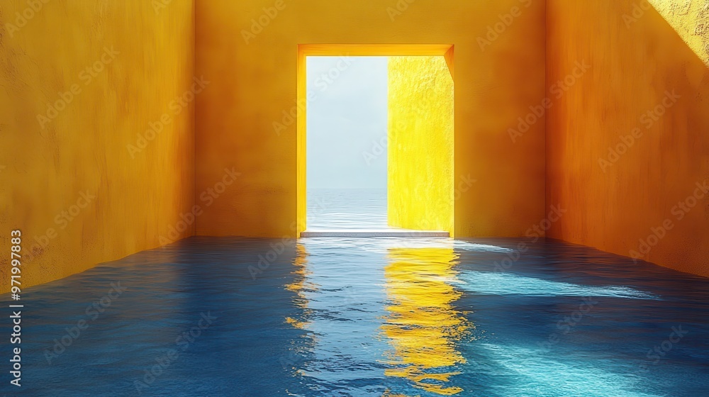 Wall mural abstract yellow shape inside the white wall calm water an bright light modern minimalist background